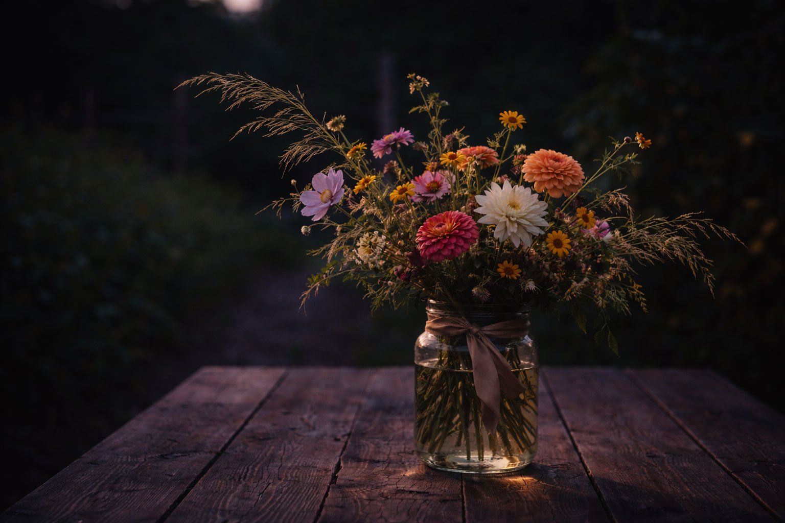 Mixed summer flower bouquet in a glass jar on a wooden table