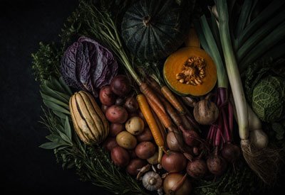 Autumn vegetable harvest with squash, cabbage, potatoes, and herbs