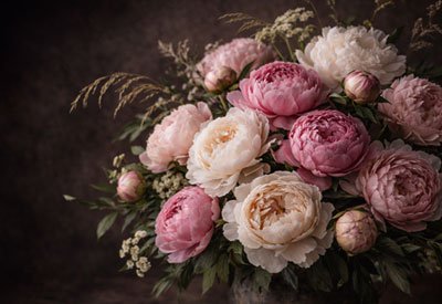 Pink and cream peonies arranged in a romantic farm bouquet