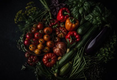 Basket of colorful seasonal vegetables from Wish You Were Here Farm